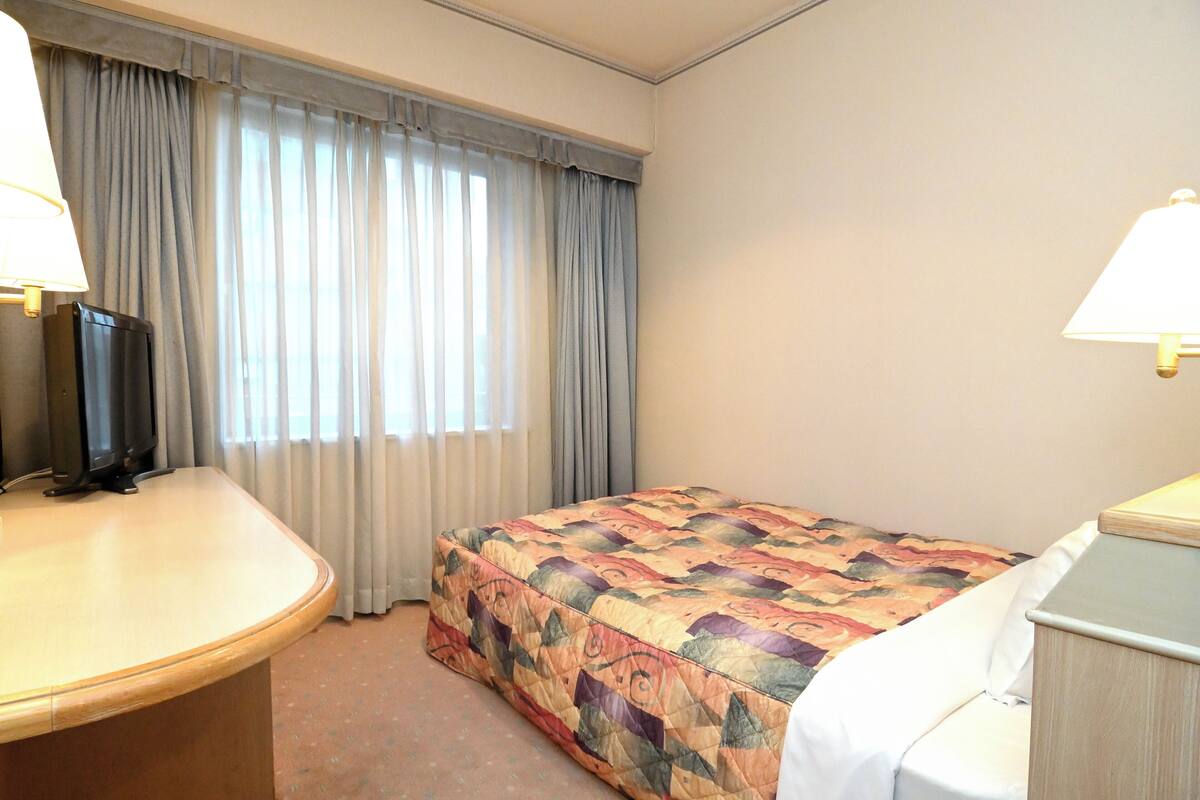A hotel room with a bed, a desk, a television, and a window with curtains.