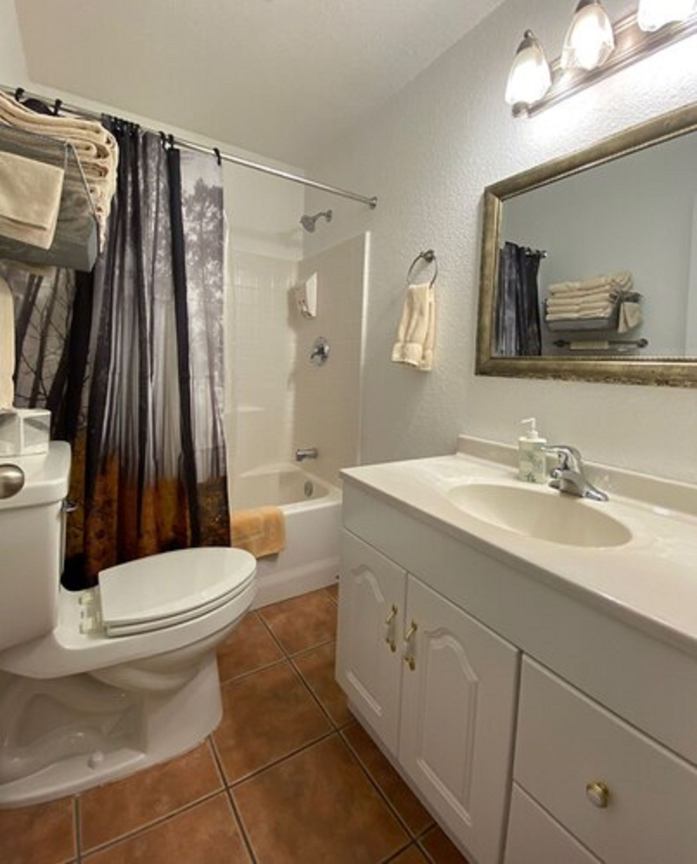 Un baño con inodoro, bañera y lavamanos.