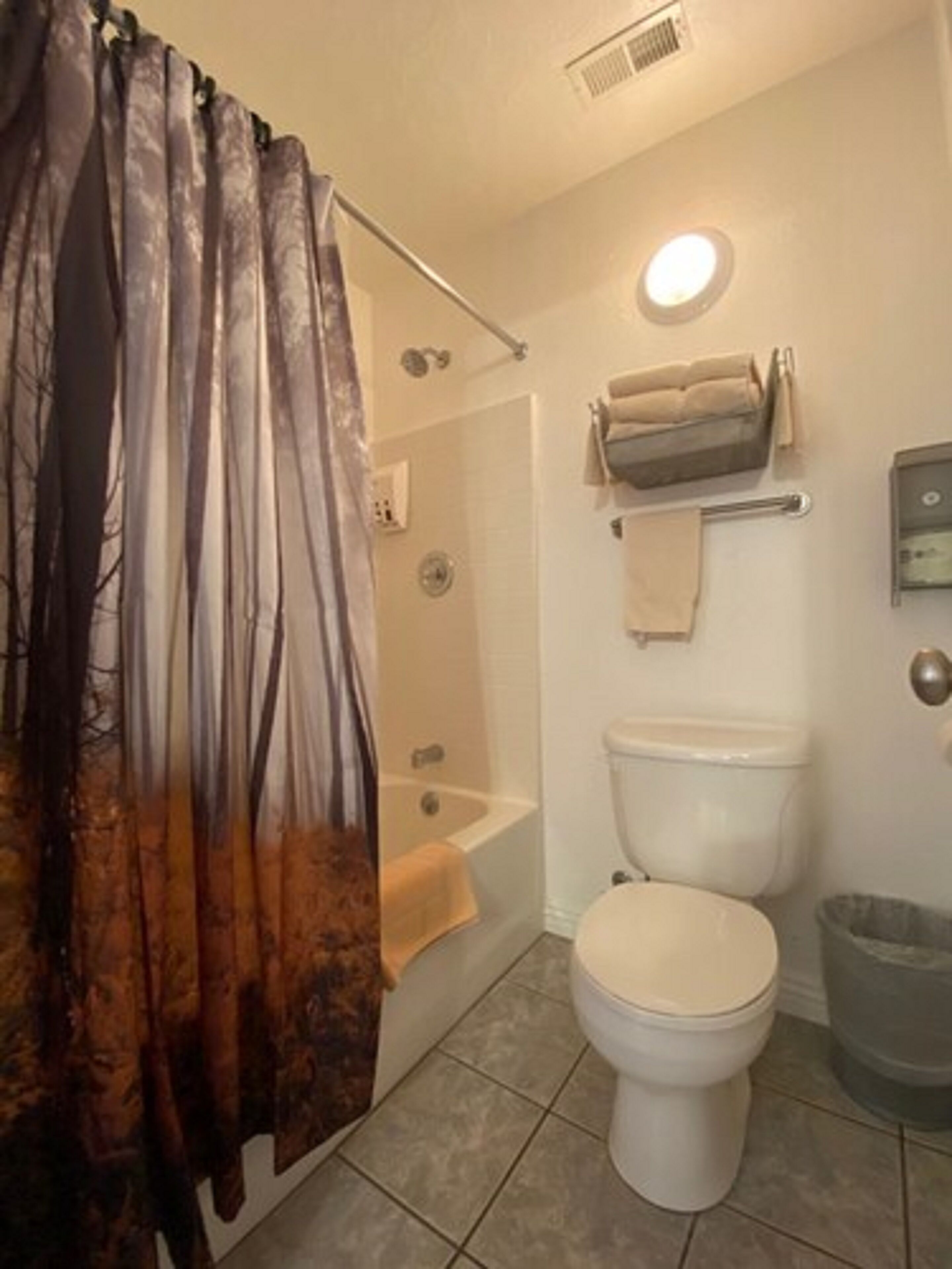 Ein Badezimmer mit Dusche, Toilette und Handtuchhalter.