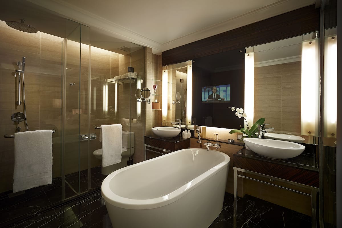 combined shower/bathtub, free toiletries, hair dryer, towels