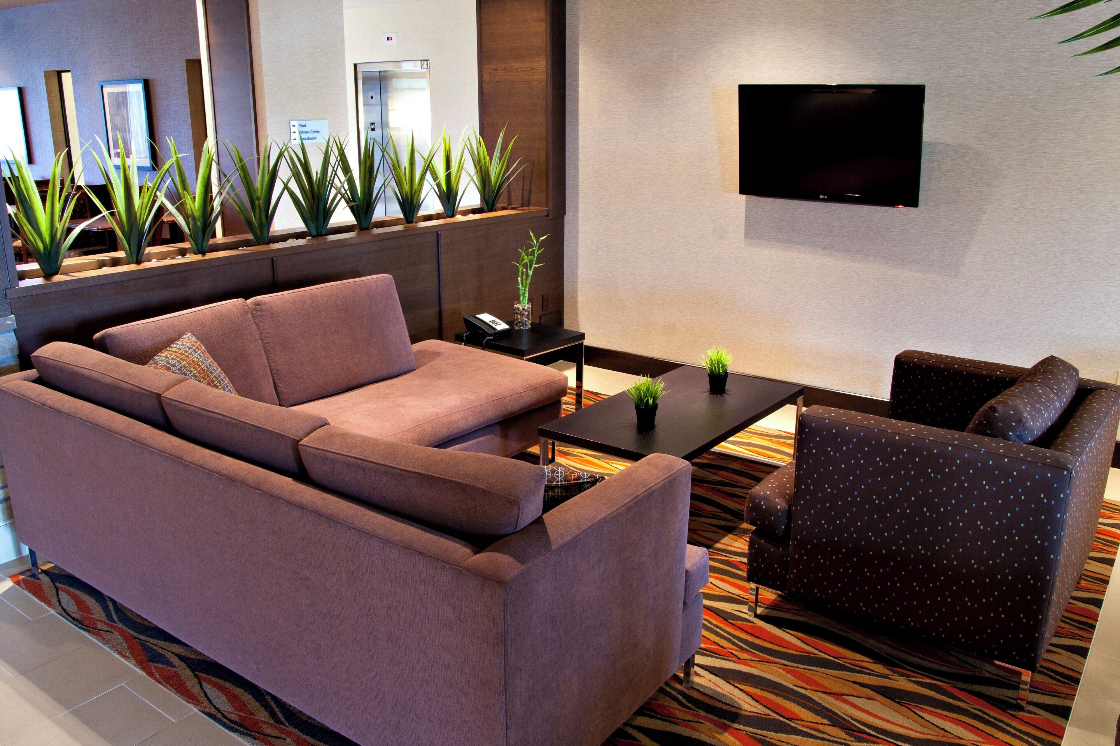 Un vestíbulo moderno con un sofá, un sillón y una pequeña mesa con una planta.