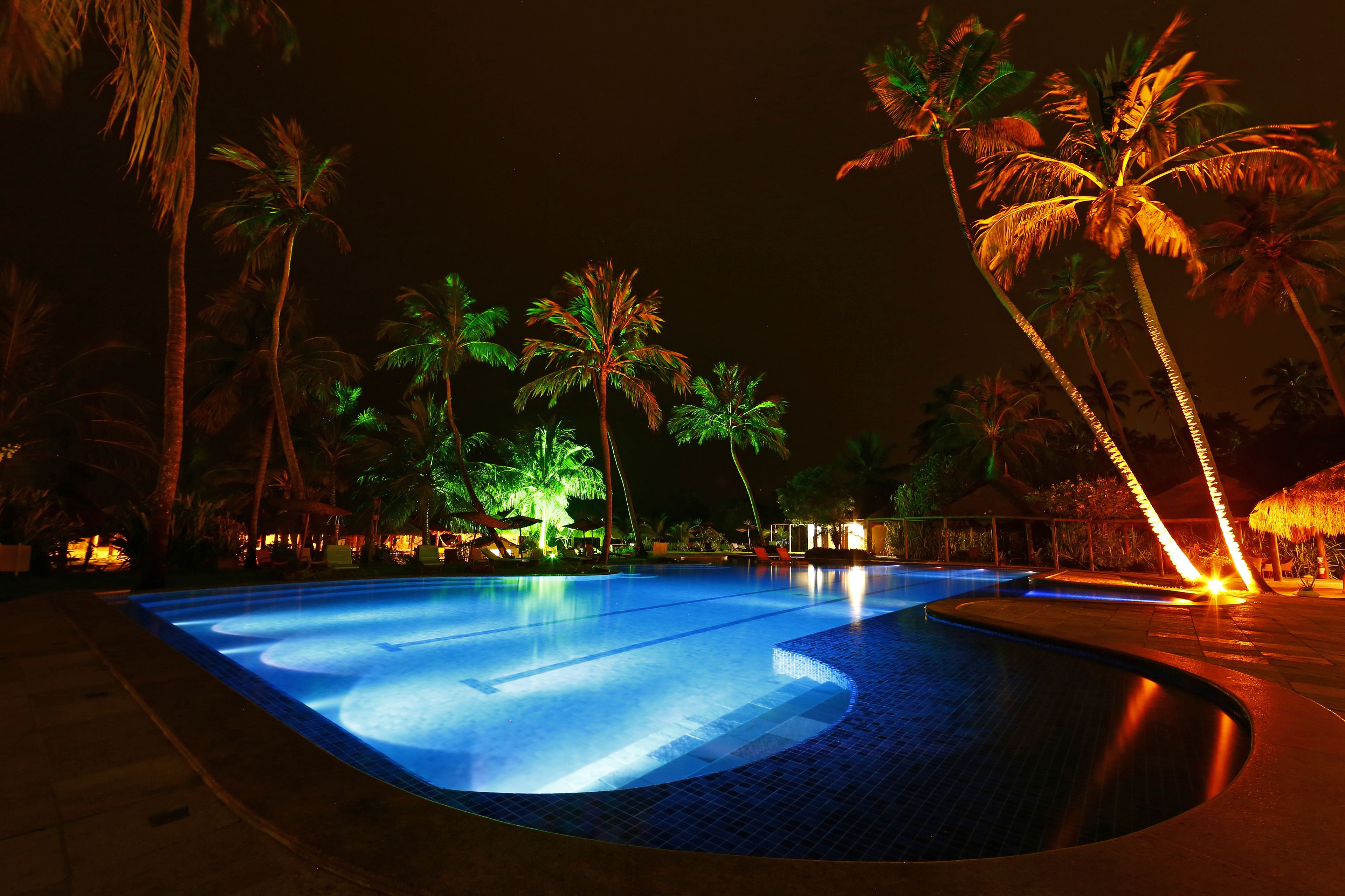 Piscina à noite com palmeiras e uma construção de telhado de palha ao fundo.