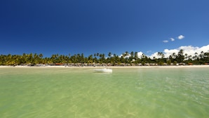 A boat on clear turquoise water with a beach and palm trees in the background. - Pousada Praia dos Carneiros (Tamandaré)
