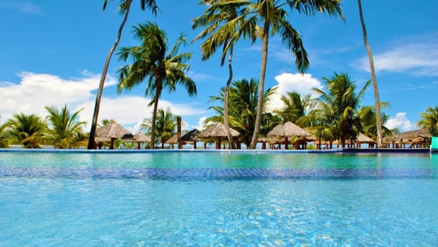 A clear blue pool surrounded by palm trees and thatched-roof structures. - Pousada Praia dos Carneiros (Tamandaré)