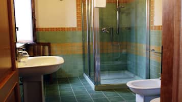 Un baño con ducha envuelta en vidrio, lavamanos e inodoro.