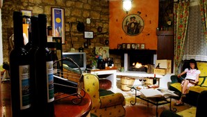 Una sala de estar acogedora con una pared de piedra, una chimenea y una mujer sentada en un sillón amarillo.