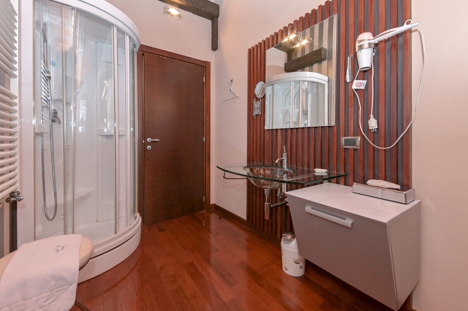 shower, rainfall showerhead, designer toiletries, hair dryer