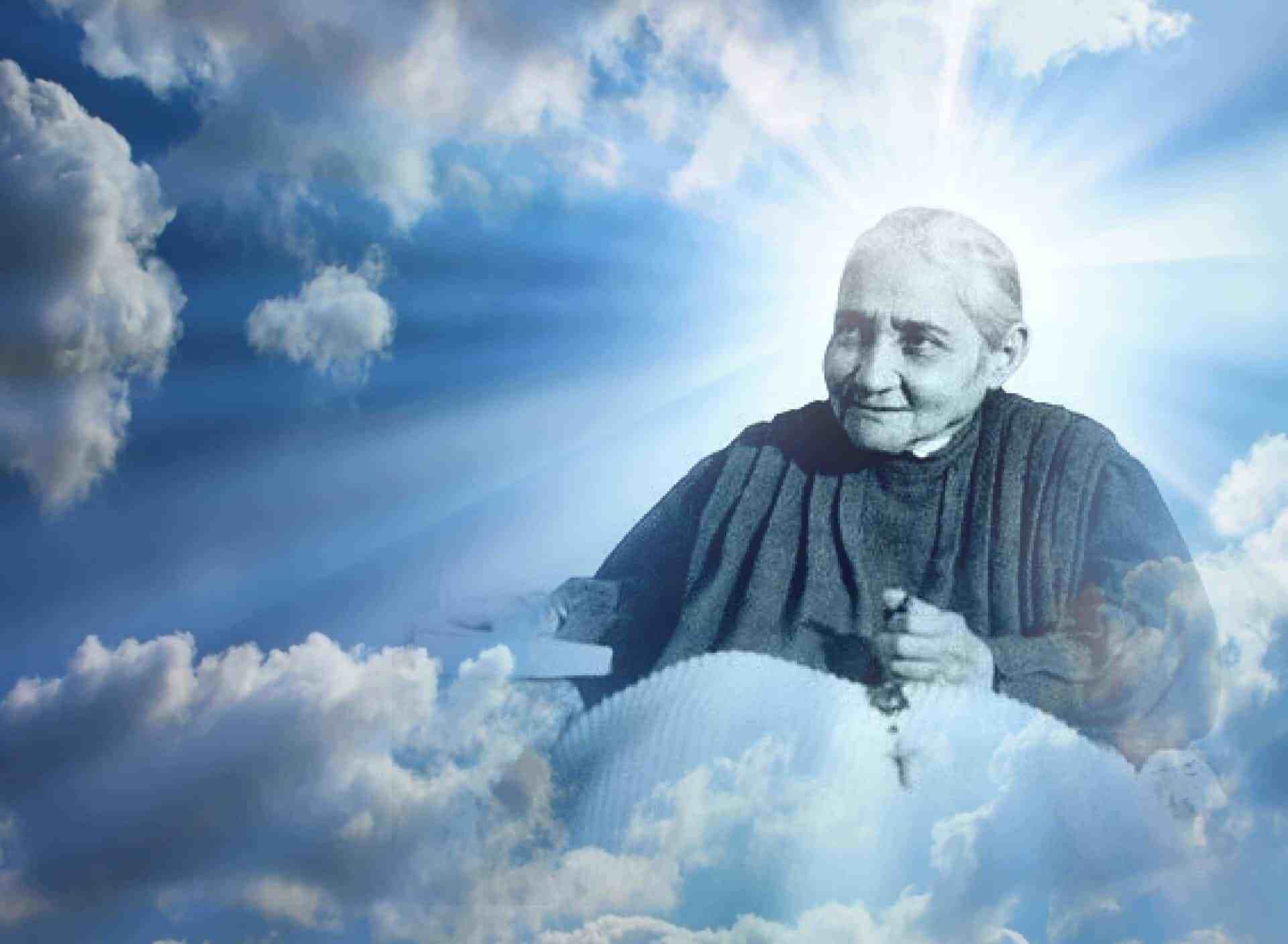 A person sitting on a cloud with a cross, surrounded by a sky with clouds.