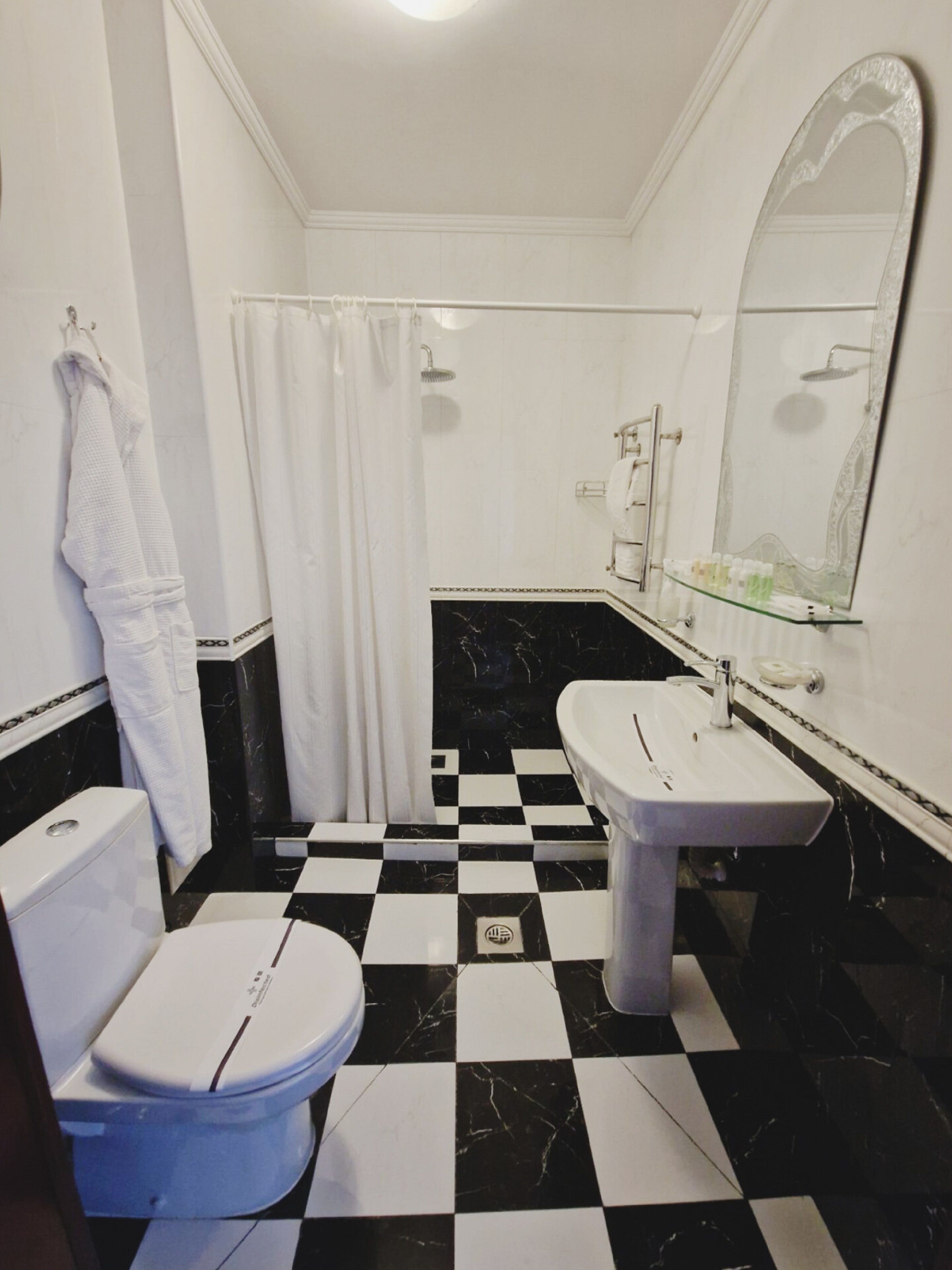 Une salle de bain avec des toilettes, un lavabo et une douche.