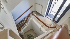 Vista de una escalera con barandilla de madera, paredes blancas y una planta en maceta al pie.