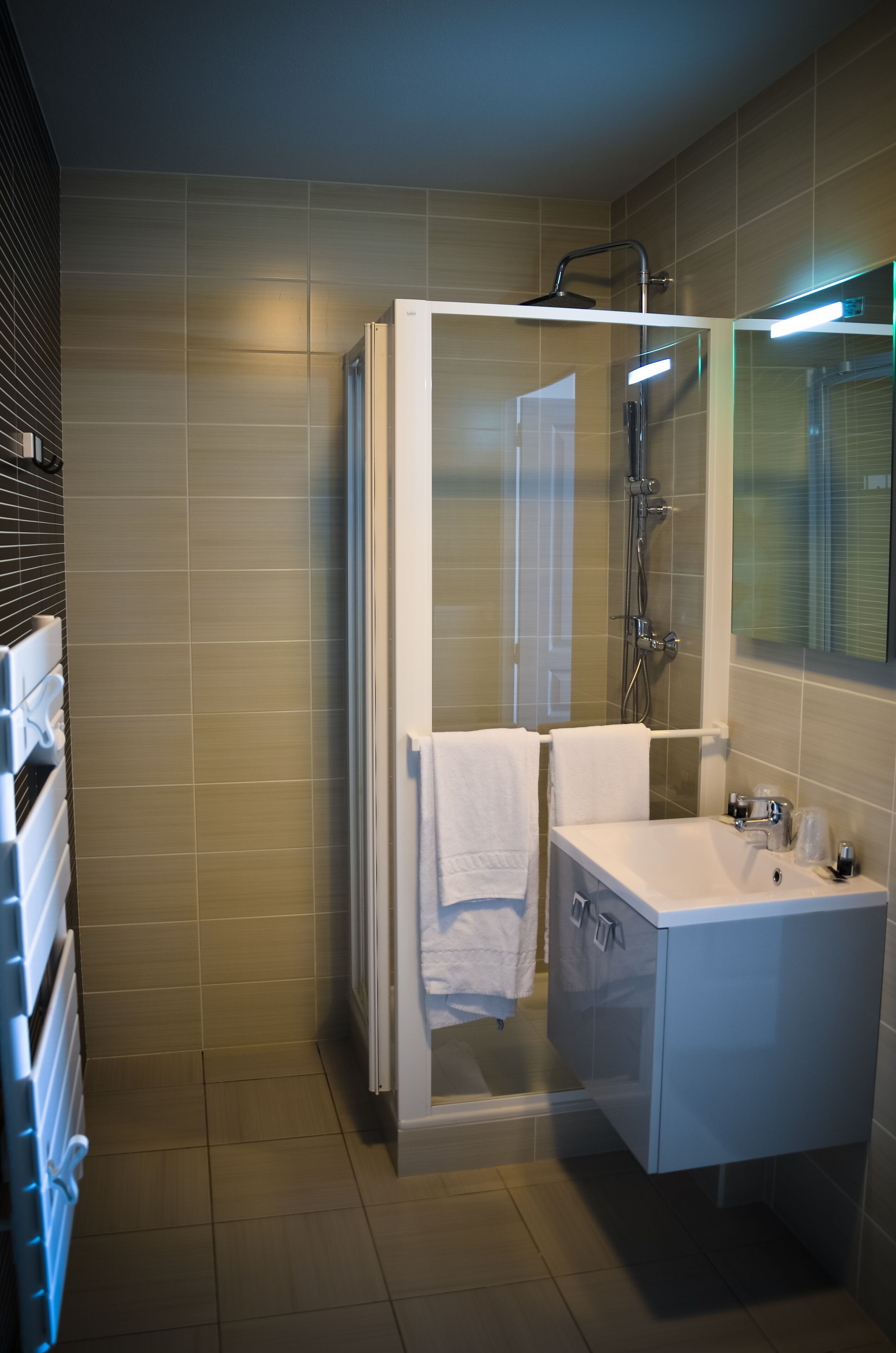 Une salle de bain moderne avec une douche à parois de verre, un lavabo blanc et un porte-serviettes.