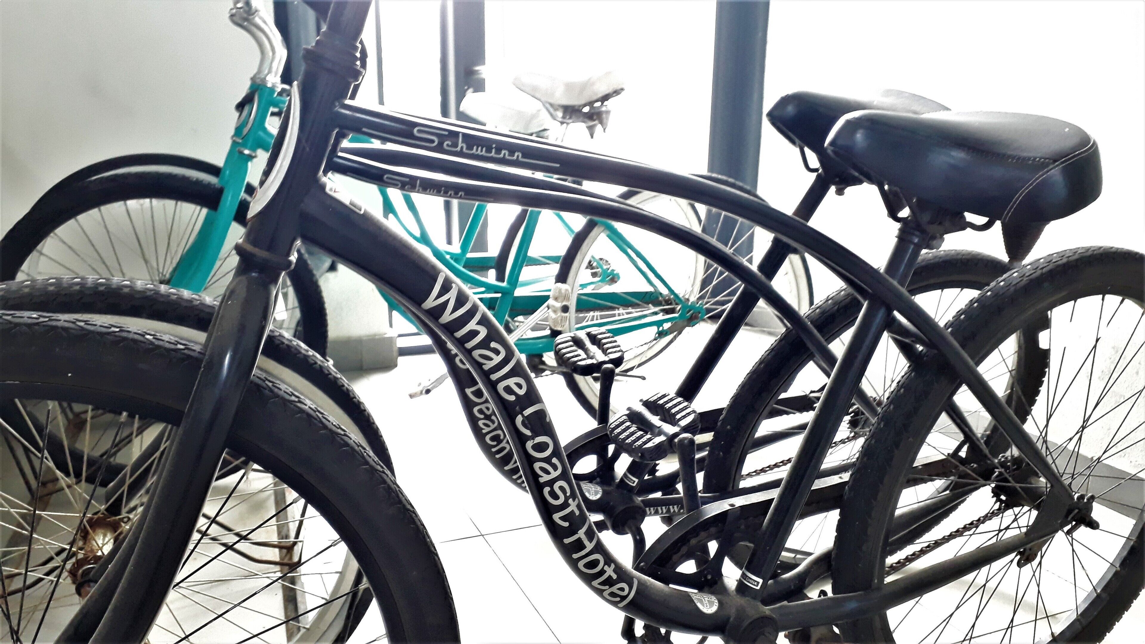 A bicycle with a black frame and a teal front fork, parked indoors.
