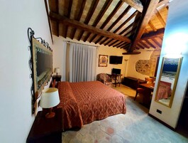 A bedroom with a large bed, a television, a stone wall, and a mirror.