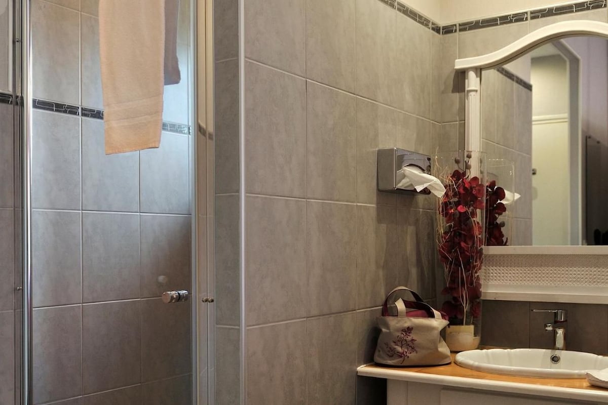 Une salle de bain équipée d’une douche, d’un lavabo, d’un miroir et d’un porte-serviettes.