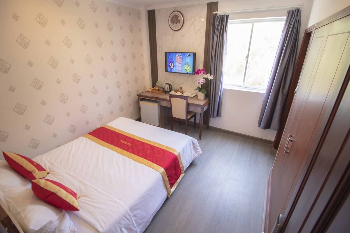 Une chambre d’hôtel avec un lit, un bureau, une télévision et une armoire.