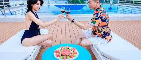 Outdoor pool, pool umbrellas, pool loungers