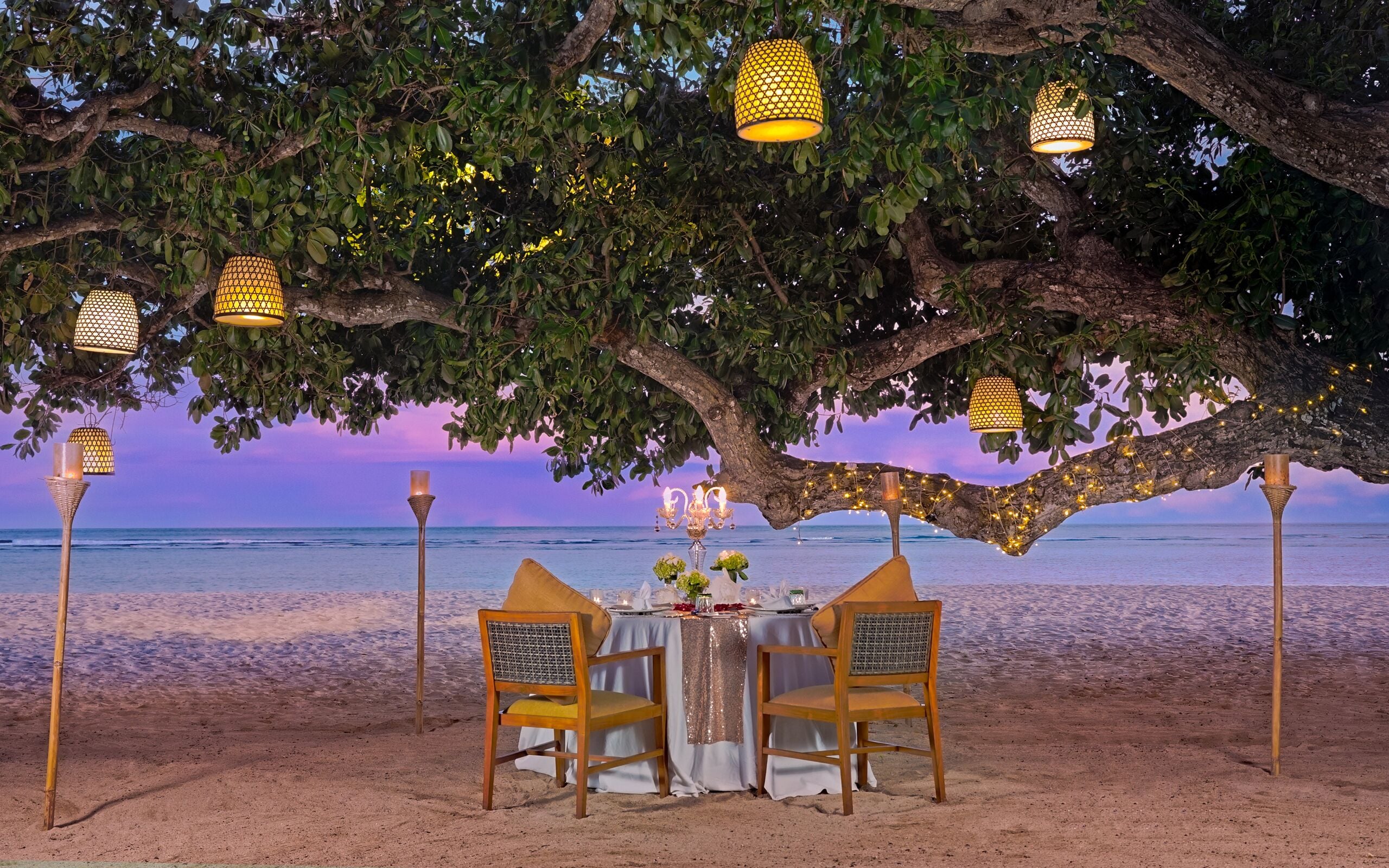 Un montaje para comer frente al mar, con una mesa y sillas bajo un gran árbol, decorado con faroles colgantes y velas.