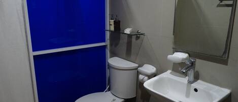 A small bathroom with a toilet, sink, and a blue partition.