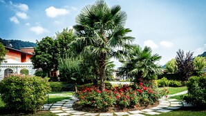 A garden with a palm tree, red flowers, and a stone pathway. - Al Poggio Verde (Barghe)
