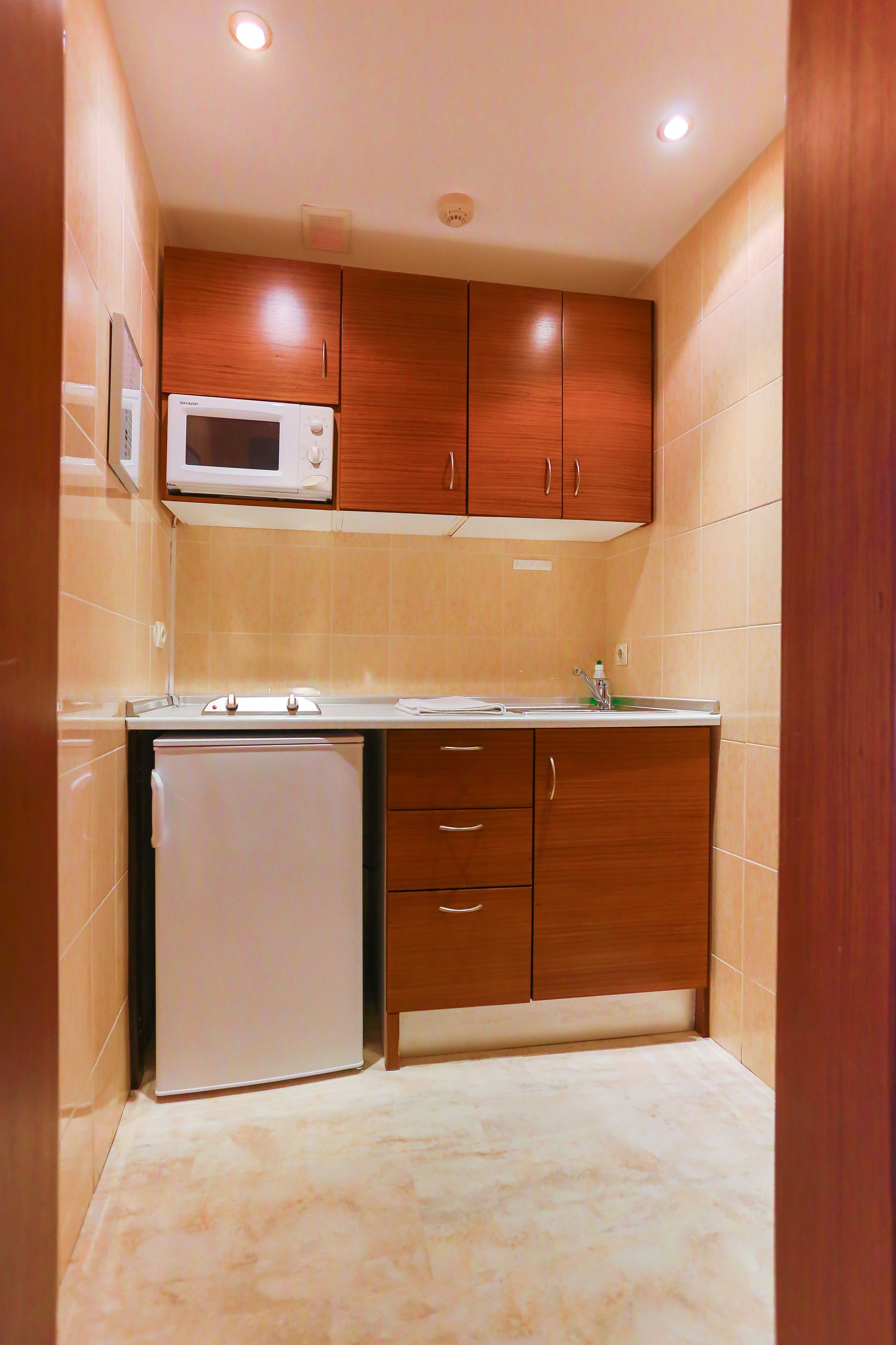 A compact kitchen with wooden cabinets, a microwave, a small refrigerator, and a sink.