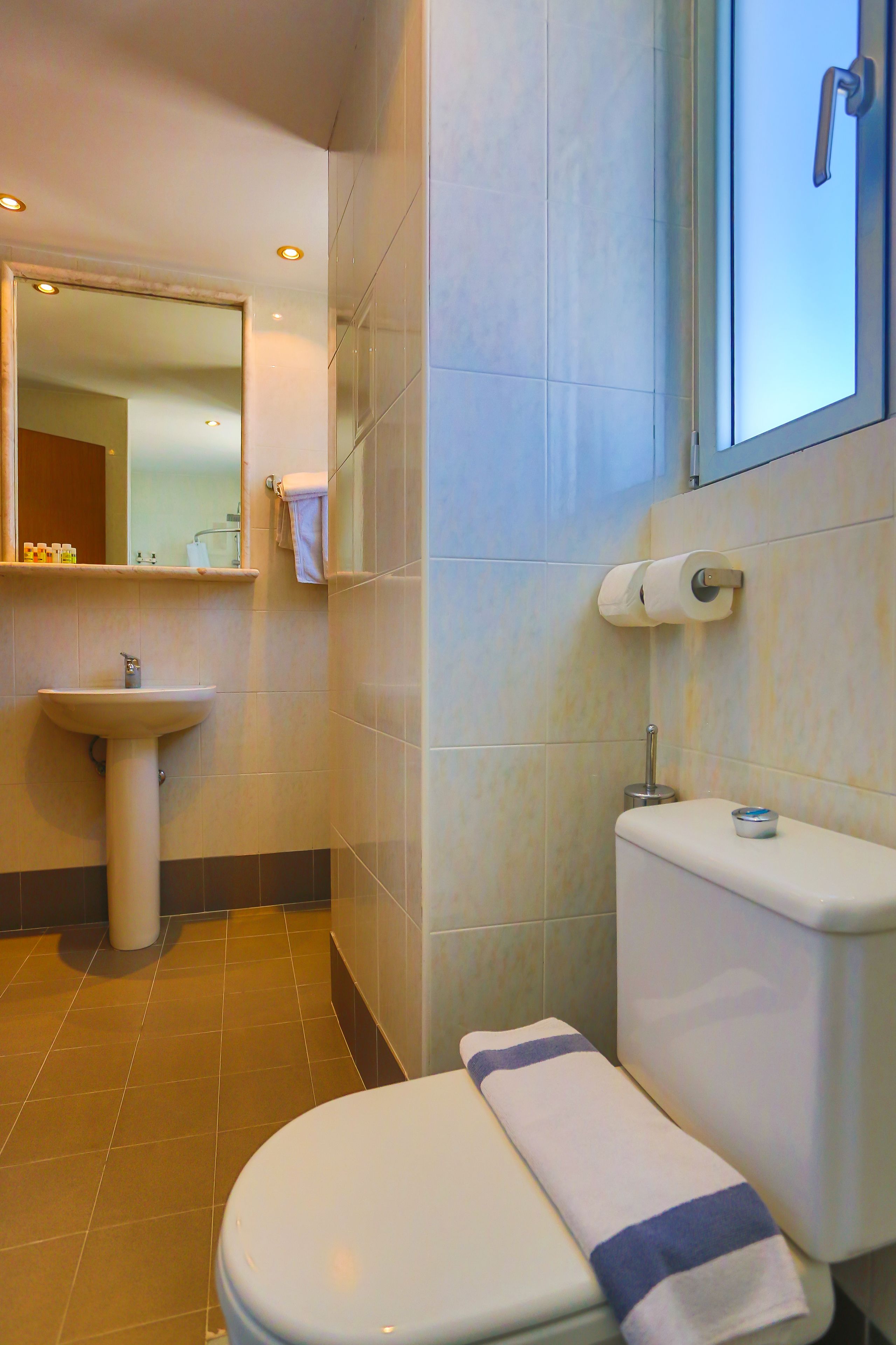 Een badkamer met toilet, wastafel en spiegel.