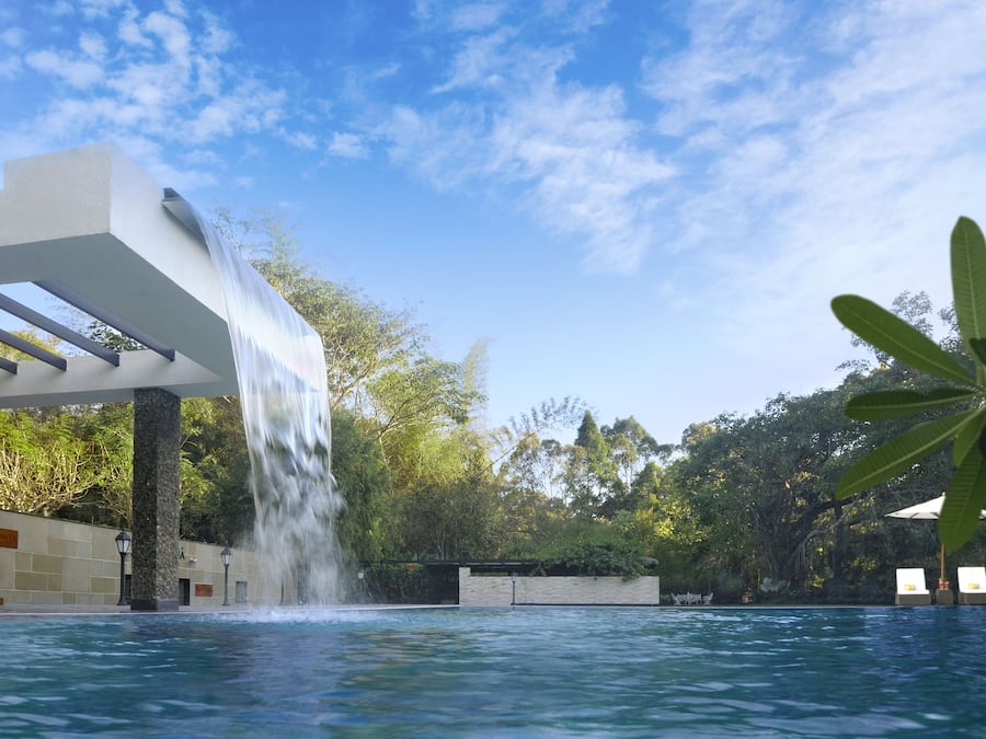 Una piscina al aire libre, sombrillas, sillones reclinables de piscina