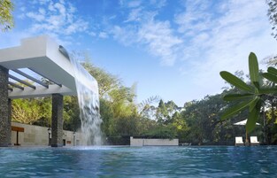 Outdoor pool, pool umbrellas, sun loungers