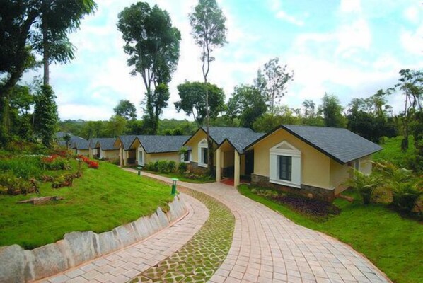 A row of single-story cottages with a paved walkway leading to the entrance, surrounded by lush greenery.