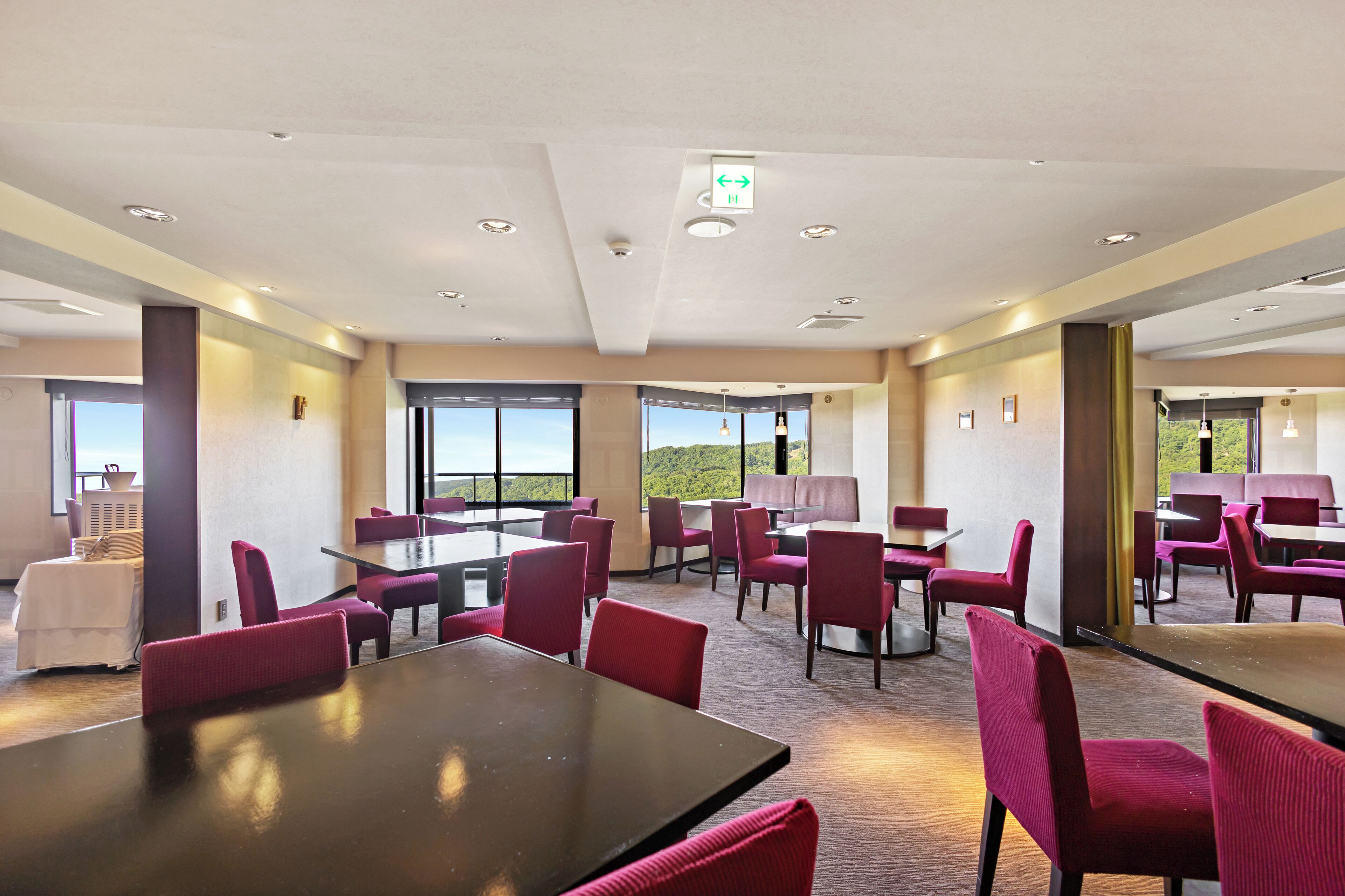 Comedor de hotel moderno con varias mesas y sillas, amplios ventanales que ofrecen vistas al paisaje, y un diseño limpio y contemporáneo.