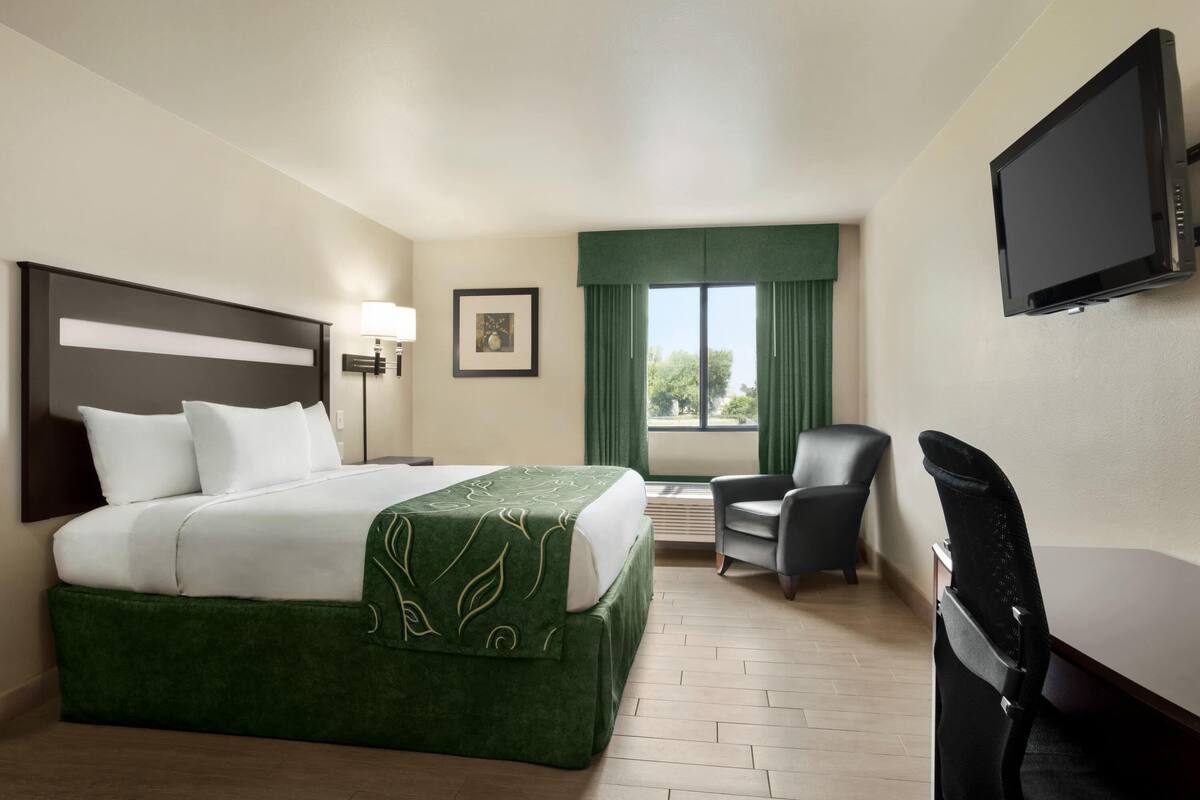 A hotel room with a bed, a desk, a chair, a TV, and a window with curtains.