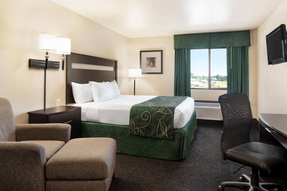 A hotel room with a bed, a desk, a chair, a nightstand, a lamp, a picture on the wall, and a window with a view.