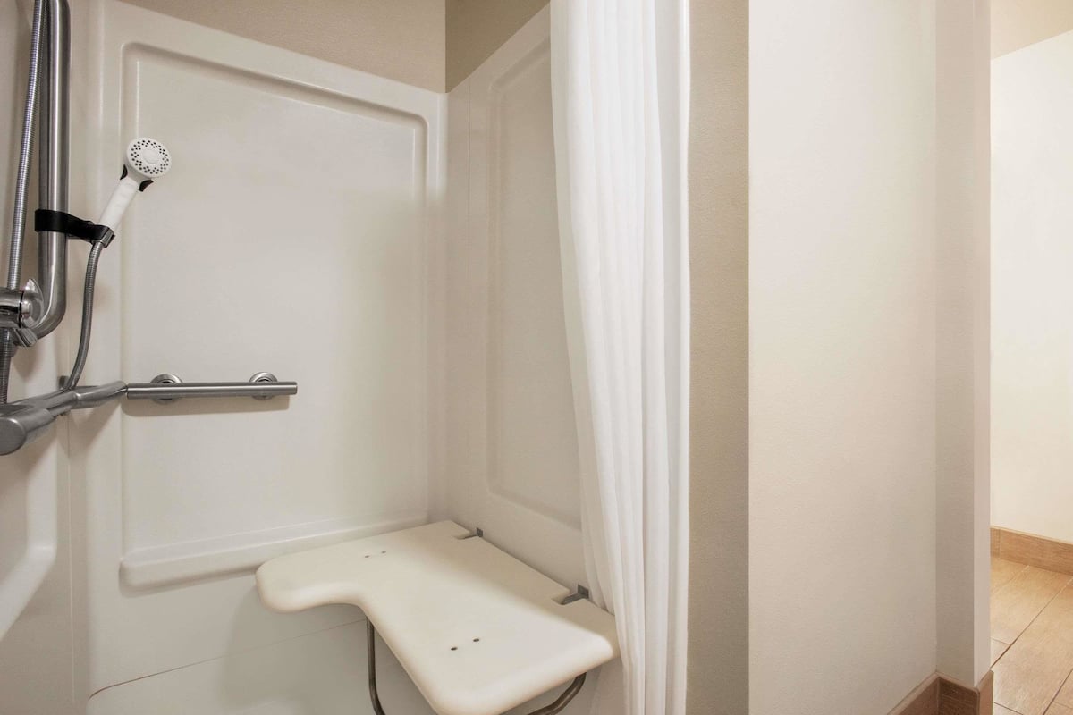 combined shower/bathtub, free toiletries, hair dryer, towels
