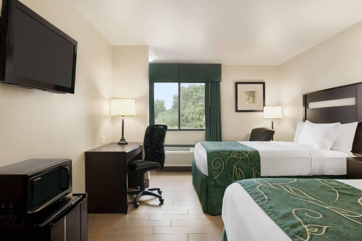 A hotel room with a TV, desk, chair, two beds, and a window.