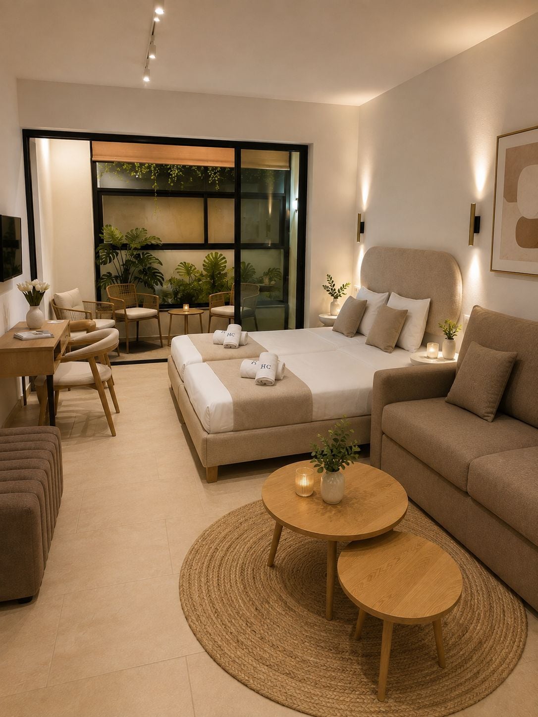 Un dormitorio moderno con una cama grande, un sofá, un escritorio y un comedor.