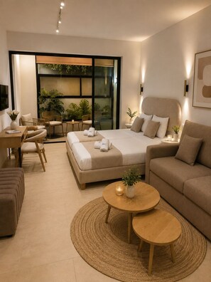 A modern bedroom with a large bed, a sofa, a desk, and a dining area. - Contessa (Zakynthos)