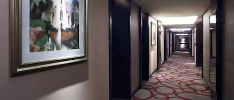Un pasillo de hotel con obras enmarcadas en las paredes, una alfombra estampada y puertas que dan a las habitaciones.