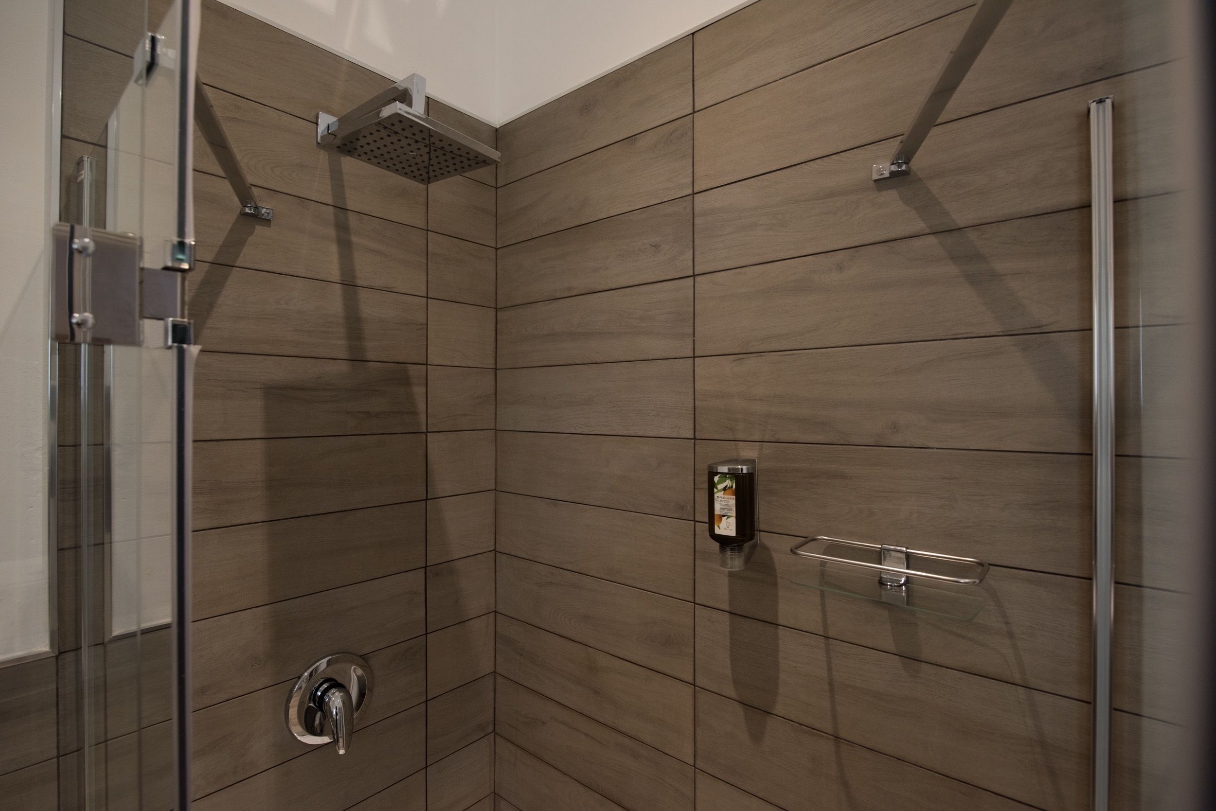 Une douche avec une porte en verre, un pommeau de douche amovible et un distributeur de savon.