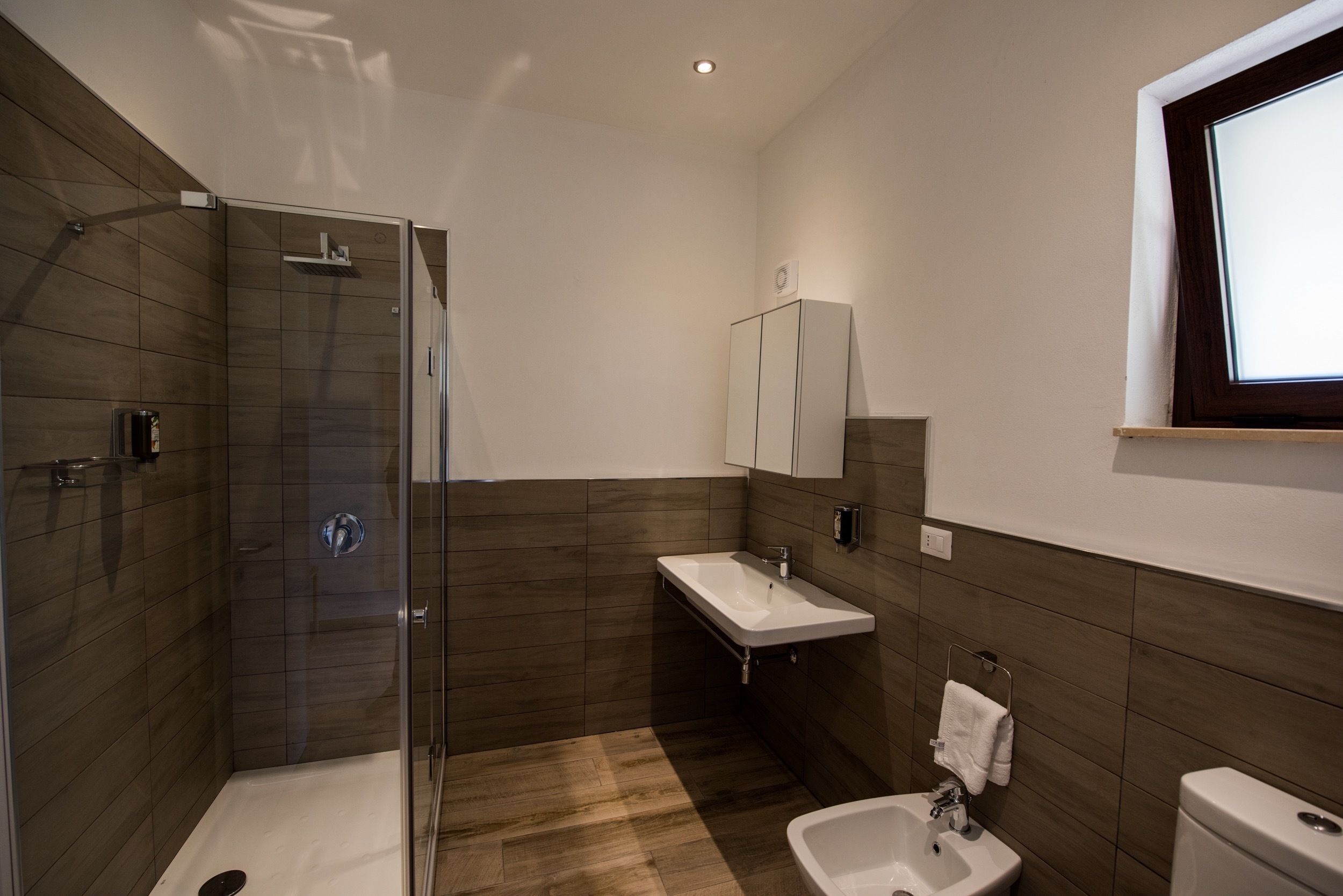 A modern bathroom with a glass-enclosed shower, a sink, and a toilet.