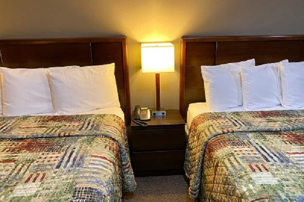 Quarto de hotel com duas camas, cada uma com colcha estampada e almofadas brancas. Há uma mesa de cabeceira com abajur e telefone.