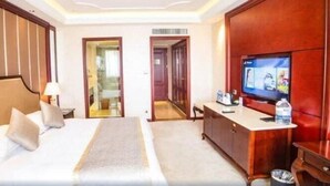 Una habitación de hotel con una cama, televisor, escritorio y armario.