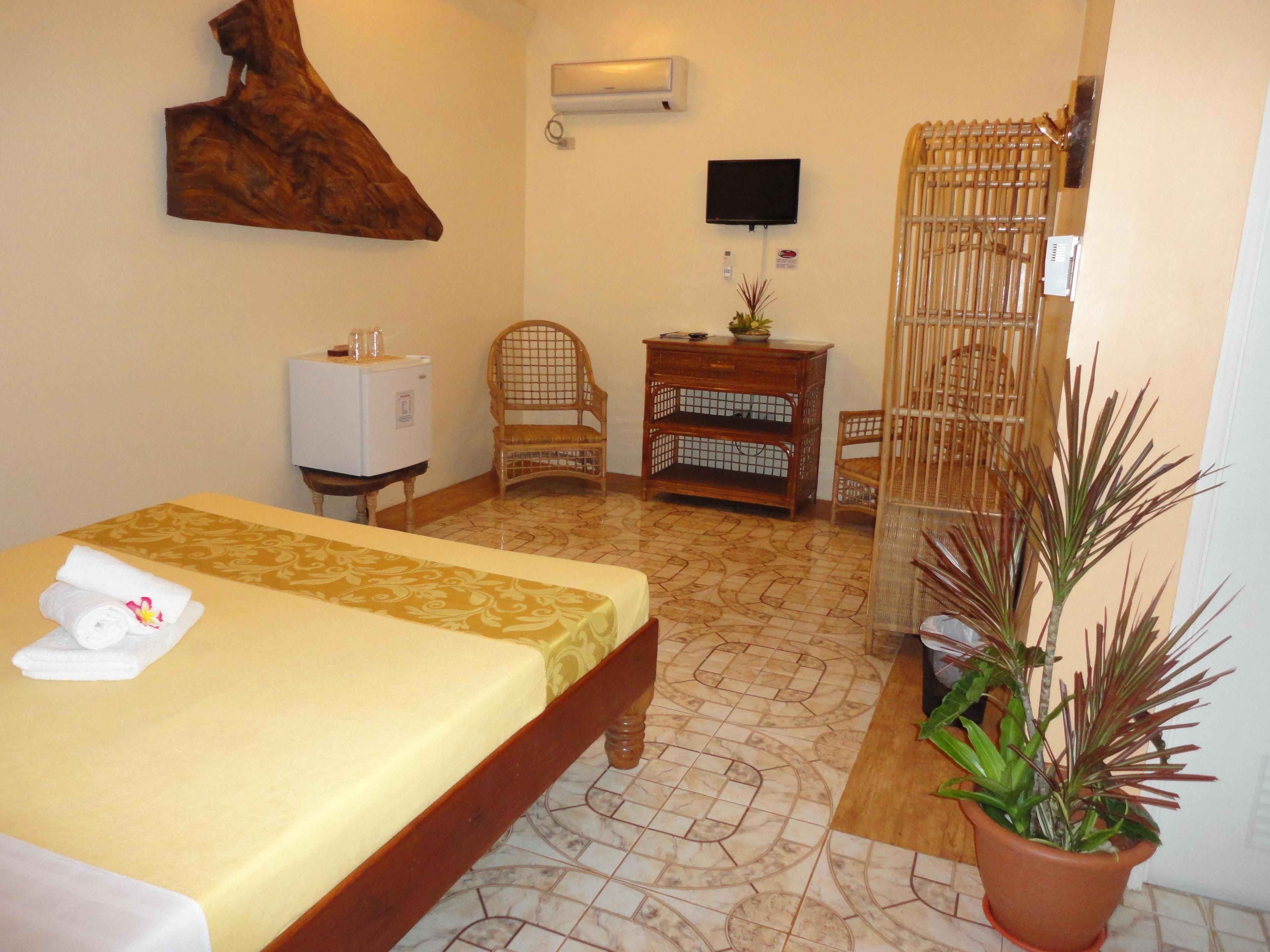 Habitación de hotel con cama, una mesita, una silla, televisión y una planta en maceta.