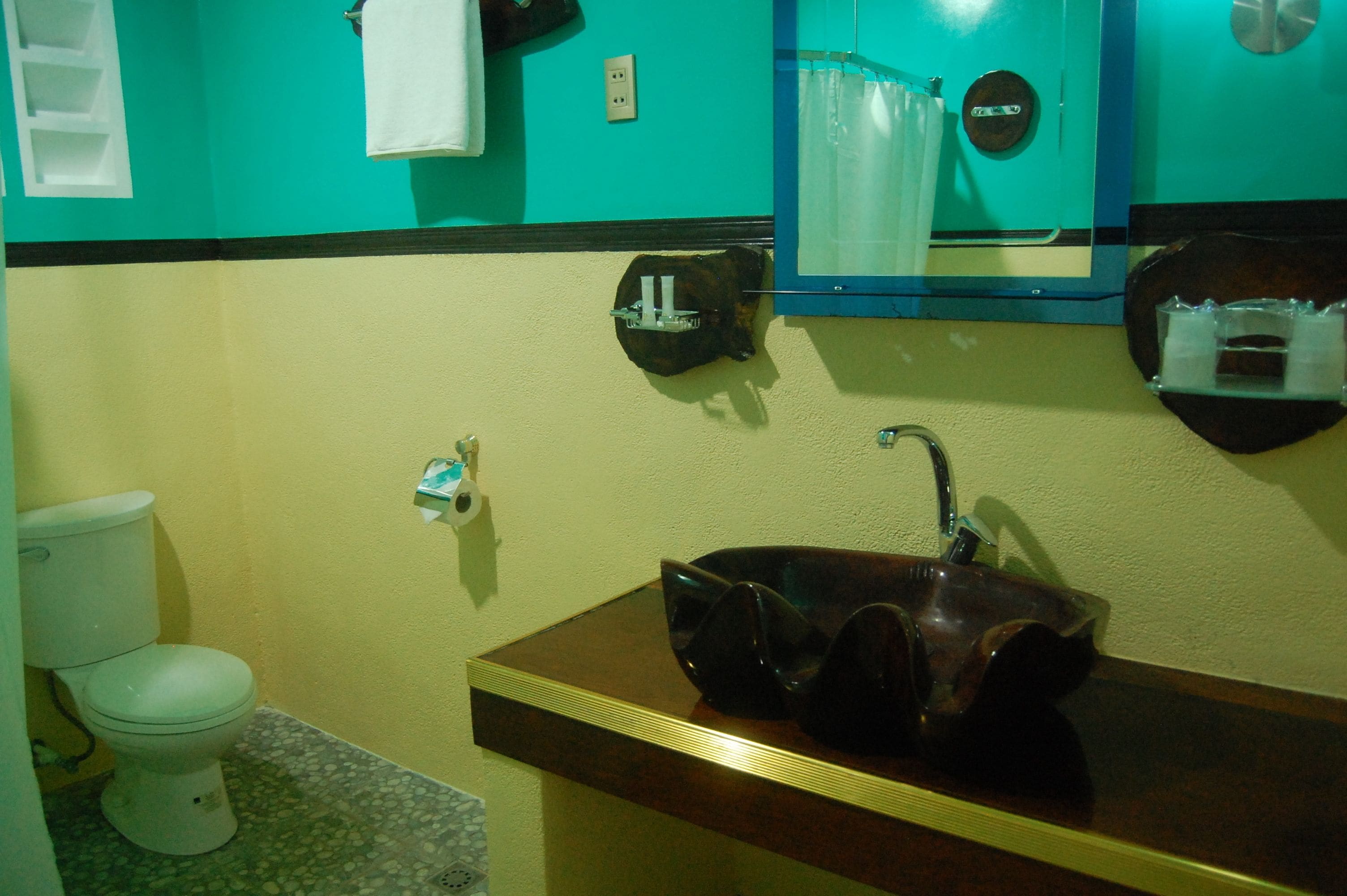 Une salle de bain avec des toilettes, un lavabo et un miroir.