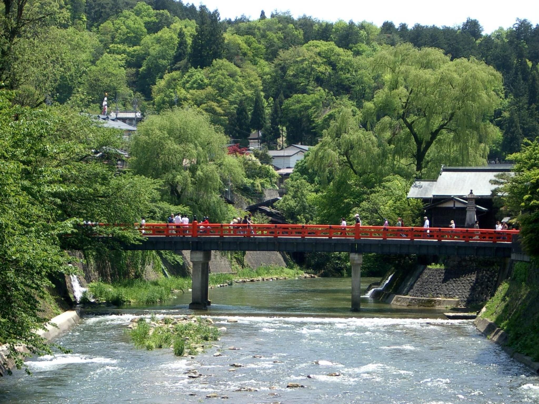 A bridge over a river with a waterfall, surrounded by lush greenery and traditional buildings.