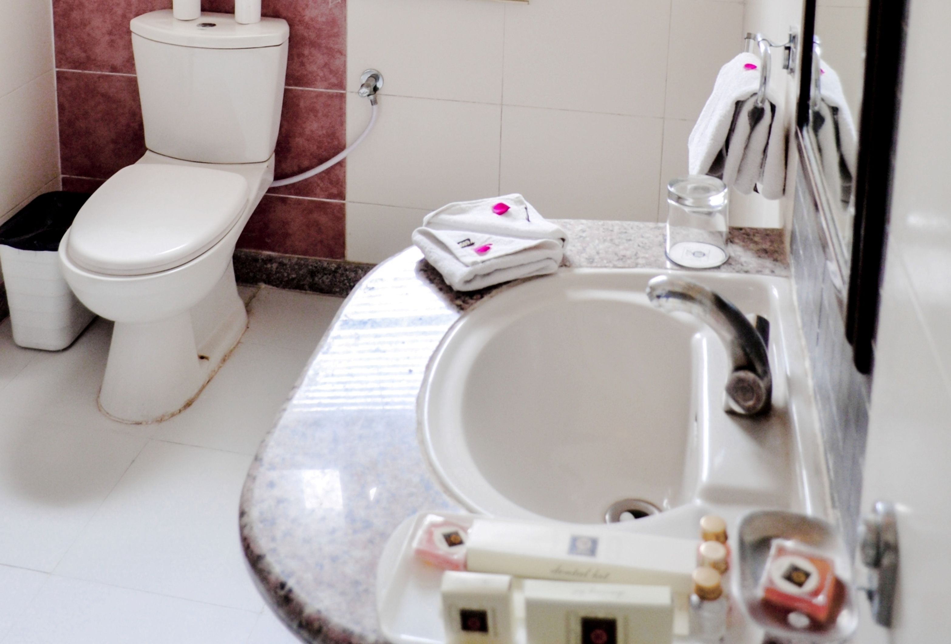 A bathroom with a toilet, sink, and a glass of water on the counter.