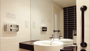 Shower, eco-friendly toiletries, hair dryer, towels