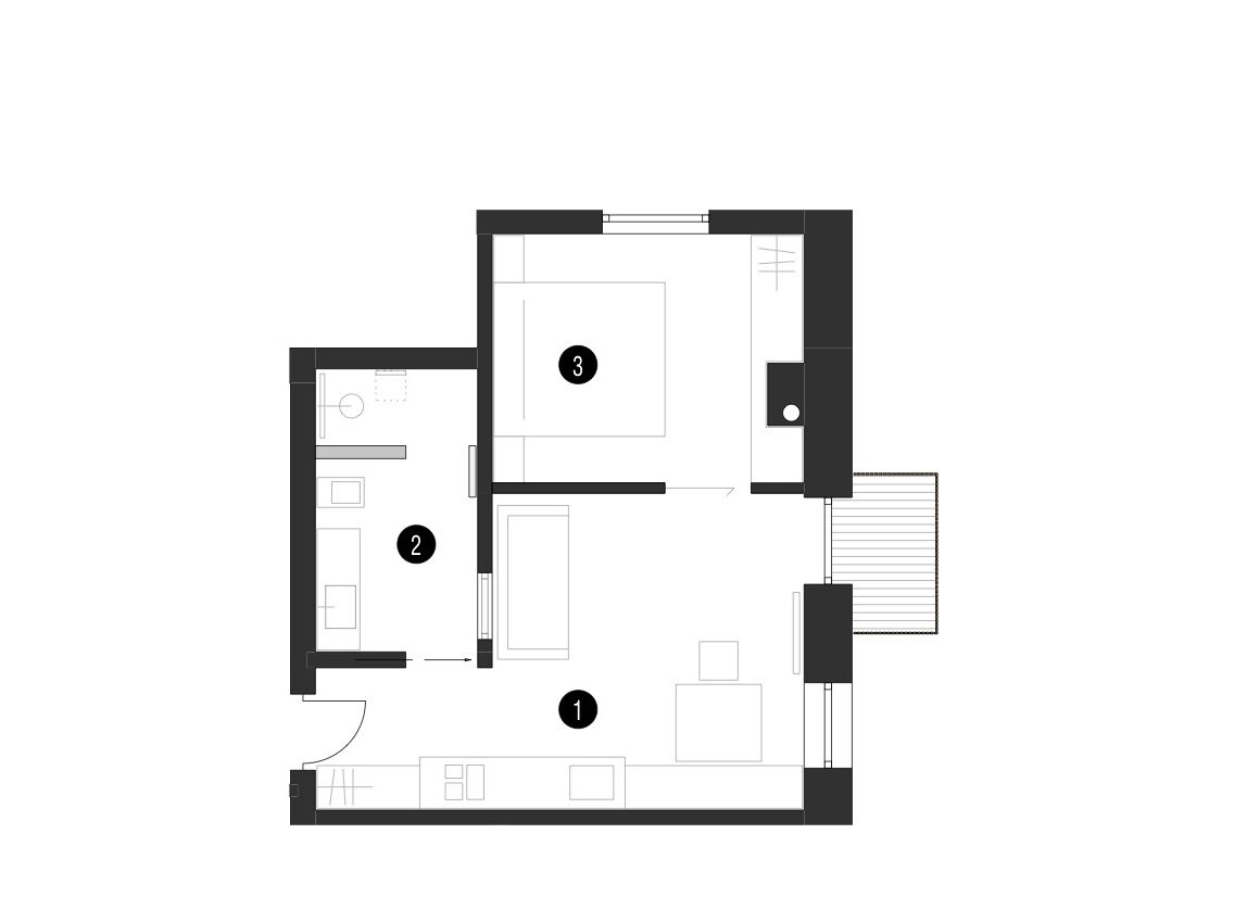 Plano de un cuarto de hotel con baño, sala de estar y kitchenette.