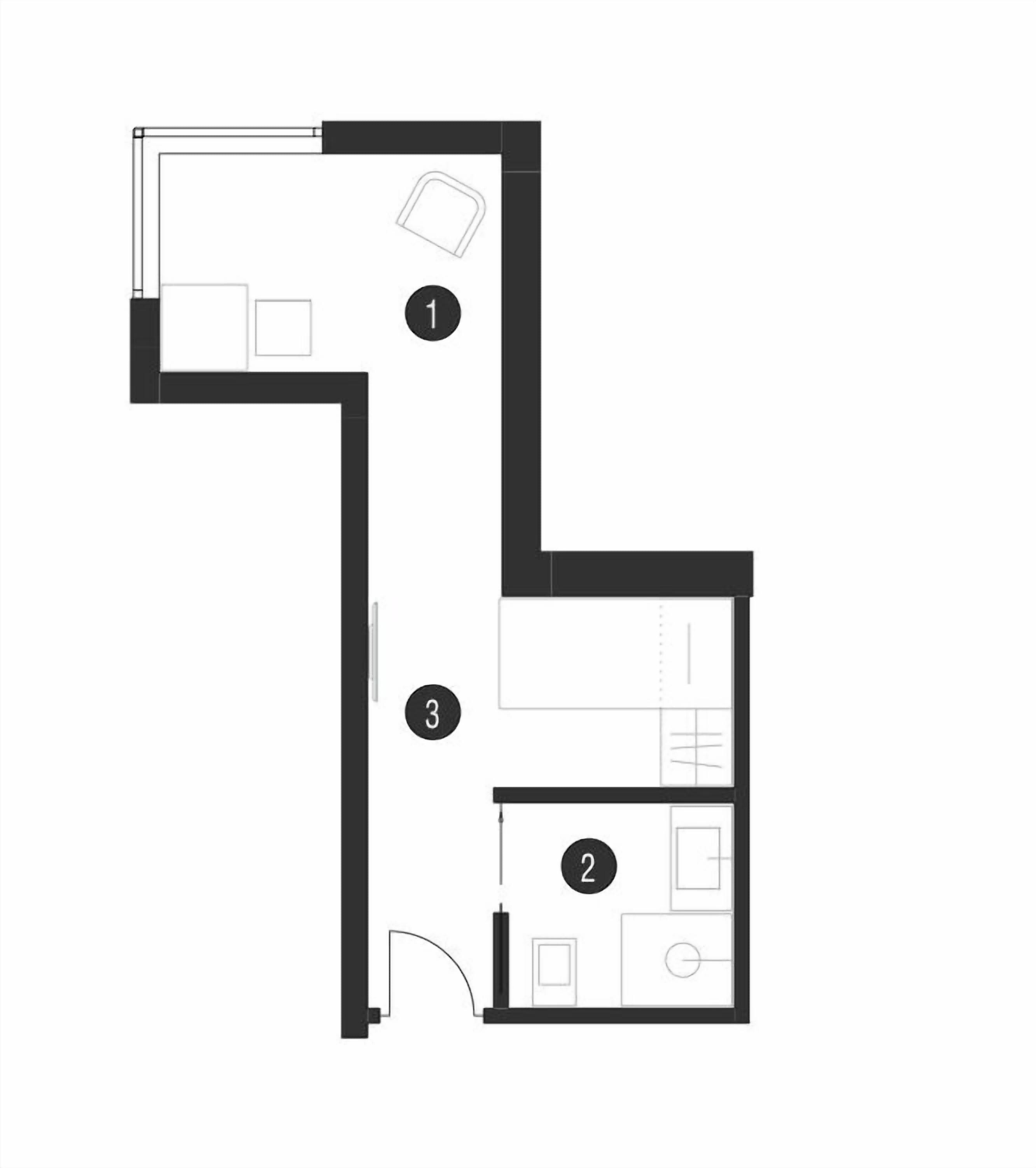 Un plano de planta que muestra tres habitaciones, cada una identificada con un número. La habitación 1 tiene una zona pequeña y cuadrada, la habitación 2 una zona más grande y cuadrada, y la habitación 3 una zona rectangular.