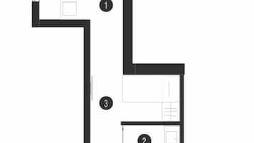 Un plano de planta que muestra tres habitaciones, cada una identificada con un número. La habitación 1 tiene una zona pequeña y cuadrada, la habitación 2 una zona más grande y cuadrada, y la habitación 3 una zona rectangular.