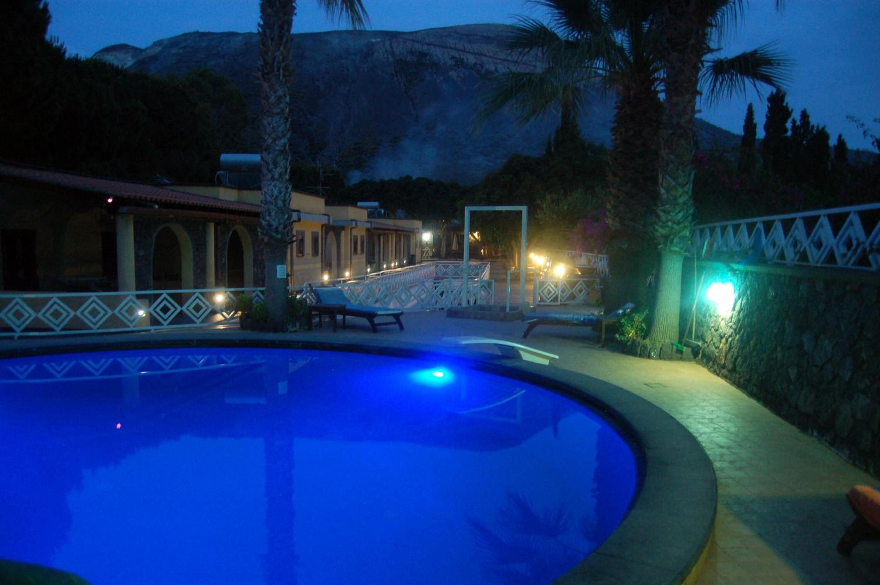 A swimming pool with a blue hue, surrounded by palm trees and a stone wall.