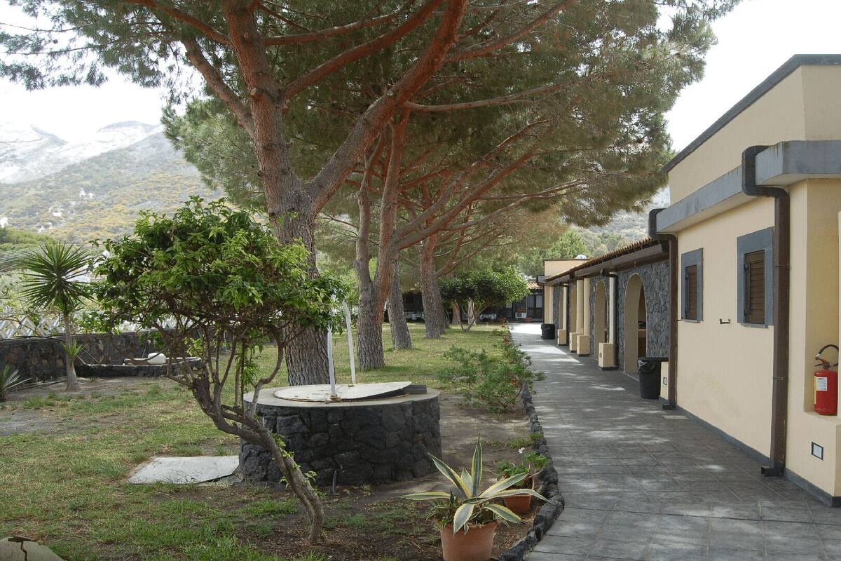 A pathway leading to a building with a stone wall and potted plants.